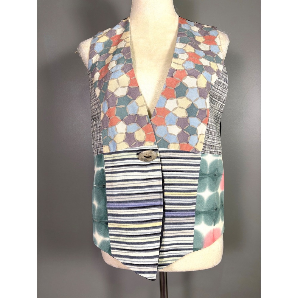 Vintage 90s Yasuko Patchwork Kimono Silk Vest M/L Artsy Geometric Boho Lagenlook